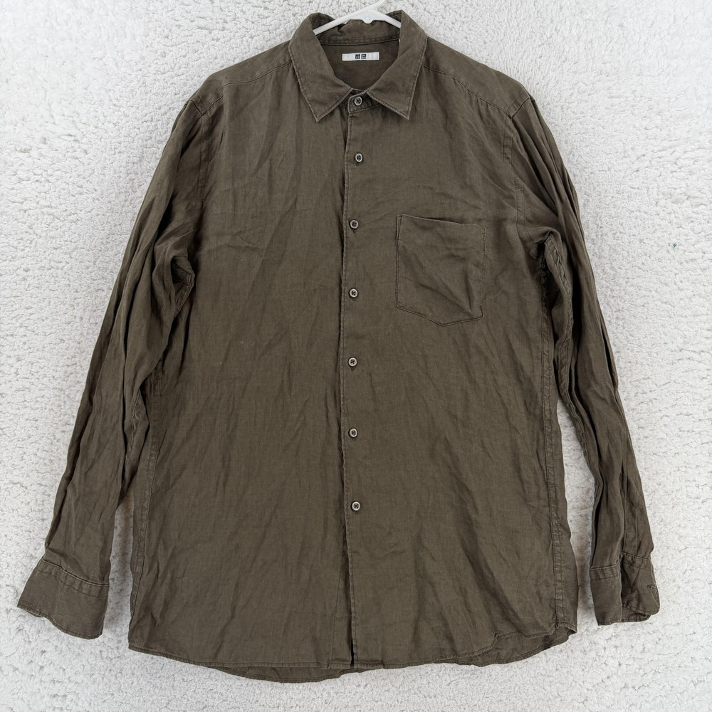 Uniqlo Shirt Mens Large Green Long Sleeve Button Up Linen Coastal 331-075346